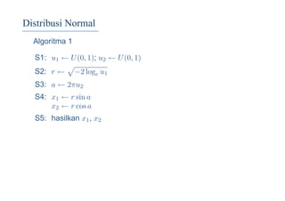 Distribusi Normal
Algoritma 1
S1: u1 ← U(0, 1); u2 ← U(0, 1)
S2: r ← −2 loge u1
S3: a ← 2πu2
S4: x1 ← r sin a
x2 ← r cos a
S5: hasilkan x1, x2
 