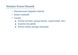 Simulasi Sistem Dinamik
• Discrete-event (kejadian diskret)
• Sistem stokastik
• Contoh:
◮ Antrian (di bank, pompa bensin, supermarket, dst.)
◮ inventori (di pabrik)
◮ Antrian sistem jaringan komputer
 