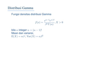 Distribusi Gamma
Fungsi densitas distribusi Gamma
f(x) =
xα−1ex/β
βαΓ(α)
, X > 0
bila α integer α = (α − 1)!
Mean dan variansi,
E(X) = αβ ; Var(X) = αβ2
 