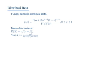 Distribusi Beta
Fungsi densitas distribusi Beta,
f(x) =
Γ(α + β)xα−1(1 − x)β−1
Γ(α)Γ(β)
, 0 ≤ x ≤ 1
Mean dan variansi
E(X) = α/(α + β);
Var(X) = αβ
(α+β)2(α+β+1)
 