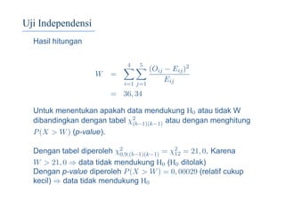Uji Independensi
Hasil hitungan
W =
4
i=1
5
j=1
(Oij − Eij)2
Eij
= 36, 34
Untuk menentukan apakah data mendukung H0 atau tidak W
dibandingkan dengan tabel χ2
(b−1)(k−1) atau dengan menghitung
P(X > W) (p-value).
Dengan tabel diperoleh χ2
0,9;(b−1)(k−1) = χ2
12 = 21, 0. Karena
W > 21, 0 ⇒ data tidak mendukung H0 (H0 ditolak)
Dengan p-value diperoleh P(X > W) = 0, 00029 (relatif cukup
kecil) ⇒ data tidak mendukung H0
 