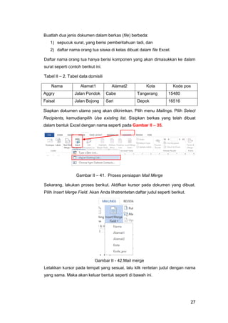 27
Buatlah dua jenis dokumen dalam berkas (file) berbeda:
1) sepucuk surat, yang berisi pemberitahuan tadi, dan
2) daftar nama orang tua siswa di kelas dibuat dalam file Excel.
Daftar nama orang tua hanya berisi komponen yang akan dimasukkan ke dalam
surat seperti contoh berikut ini.
Tabel II – 2. Tabel data domisili
Nama Alamat1 Alamat2 Kota Kode pos
Aggry Jalan Pondok Cabe Tangerang 15480
Faisal Jalan Bojong Sari Depok 16516
Siapkan dokumen utama yang akan dikirimkan. Pilih menu Mailings. Pilih Select
Recipients, kemudianpilih Use existing list. Sisipkan berkas yang telah dibuat
dalam bentuk Excel dengan nama seperti pada Gambar II – 35.
Gambar II – 41. Proses persiapan Mail Merge
Sekarang, lakukan proses berikut. Aktifkan kursor pada dokumen yang dibuat.
Pilih Insert Merge Field. Akan Anda lihatrentetan daftar judul seperti berikut.
Gambar II - 42.Mail merge
Letakkan kursor pada tempat yang sesuai, lalu klik rentetan judul dengan nama
yang sama. Maka akan keluar bentuk seperti di bawah ini.
 