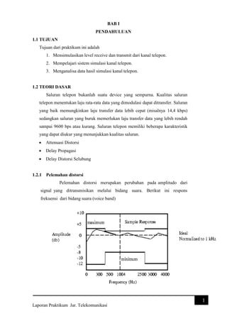 BAB I
PENDAHULUAN
1.1 TUJUAN
Tujuan dari praktikum ini adalah
1. Mensimulasikan level receive dan transmit dari kanal telepon.
2. Mempelajari sistem simulasi kanal telepon.
3. Menganalisa data hasil simulasi kanal telepon.

1.2 TEORI DASAR
Saluran telepon bukanlah suatu device yang sempurna. Kualitas saluran
telepon menentukan laju rata-rata data yang dimodulasi dapat ditransfer. Saluran
yang baik memungkinkan laju transfer data lebih cepat (misalnya 14,4 kbps)
sedangkan saluran yang buruk memerlukan laju transfer data yang lebih rendah
sampai 9600 bps atau kurang. Saluran telepon memiliki beberapa karakteristik
yang dapat diukur yang menunjukkan kualitas saluran.


Attenuasi Distorsi



Delay Propagasi



Delay Distorsi Selubung

1.2.1

Pelemahan distorsi
Pelemahan distorsi merupakan perubahan pada amplitudo dari

signal yang ditransmisikan melalui bidang suara. Berikut ini respons
frekuensi dari bidang suara (voice band)

1
Laporan Praktikum Jar. Telekomunikasi

 