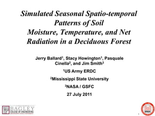 Simulated Seasonal Spatio-temporal Patterns of Soil Moisture, Temperature, and Net Radiation in a Deciduous Forest Jerry Ballard1, Stacy Howington1, Pasquale Cinella2, and Jim Smith3 1US Army ERDC 2Mississippi State University 3NASA / GSFC 27 July 2011 