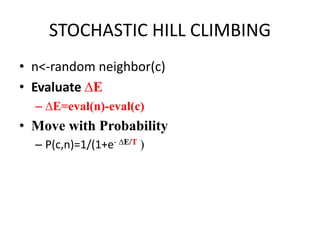 STOCHASTIC HILL CLIMBING
• n<-random neighbor(c)
• Evaluate ∆E
– ∆E=eval(n)-eval(c)
• Move with Probability
– P(c,n)=1/(1+e- ∆E/T )
 