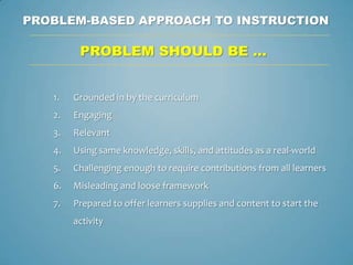 PROBLEM-BASED APPROACH TO INSTRUCTION

         PROBLEM SHOULD BE …


   1.   Grounded in by the curriculum
   2.   Engaging
   3.   Relevant
   4.   Using same knowledge, skills, and attitudes as a real-world
   5.   Challenging enough to require contributions from all learners
   6.   Misleading and loose framework
   7.   Prepared to offer learners supplies and content to start the
        activity
 