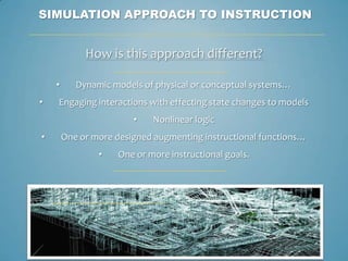 SIMULATION APPROACH TO INSTRUCTION


             How is this approach different?

    •      Dynamic models of physical or conceptual systems…
•   Engaging interactions with effecting state changes to models
                        •    Nonlinear logic
•       One or more designed augmenting instructional functions…
                •    One or more instructional goals.
 