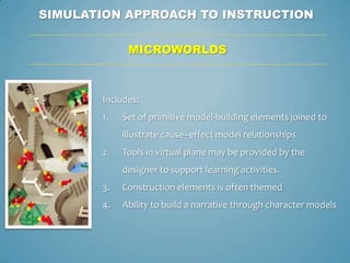 SIMULATION APPROACH TO INSTRUCTION

             MICROWORLDS



       Includes:
       1.   Set of primitive model-building elements joined to
            illustrate cause–effect model relationships
       2.   Tools in virtual plane may be provided by the
            designer to support learning activities.
       3.   Construction elements is often themed
       4.   Ability to build a narrative through character models
 