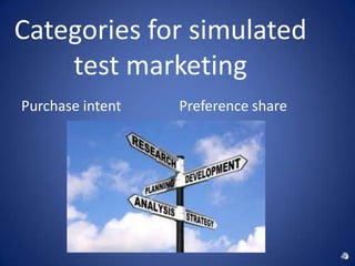 Categories for simulated
    test marketing
Purchase intent   Preference share
 