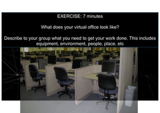 EXERCISE: 7 minutes
What does your virtual office look like?
Describe to your group what you need to get your work done. This includes
equipment, environment, people, place, etc