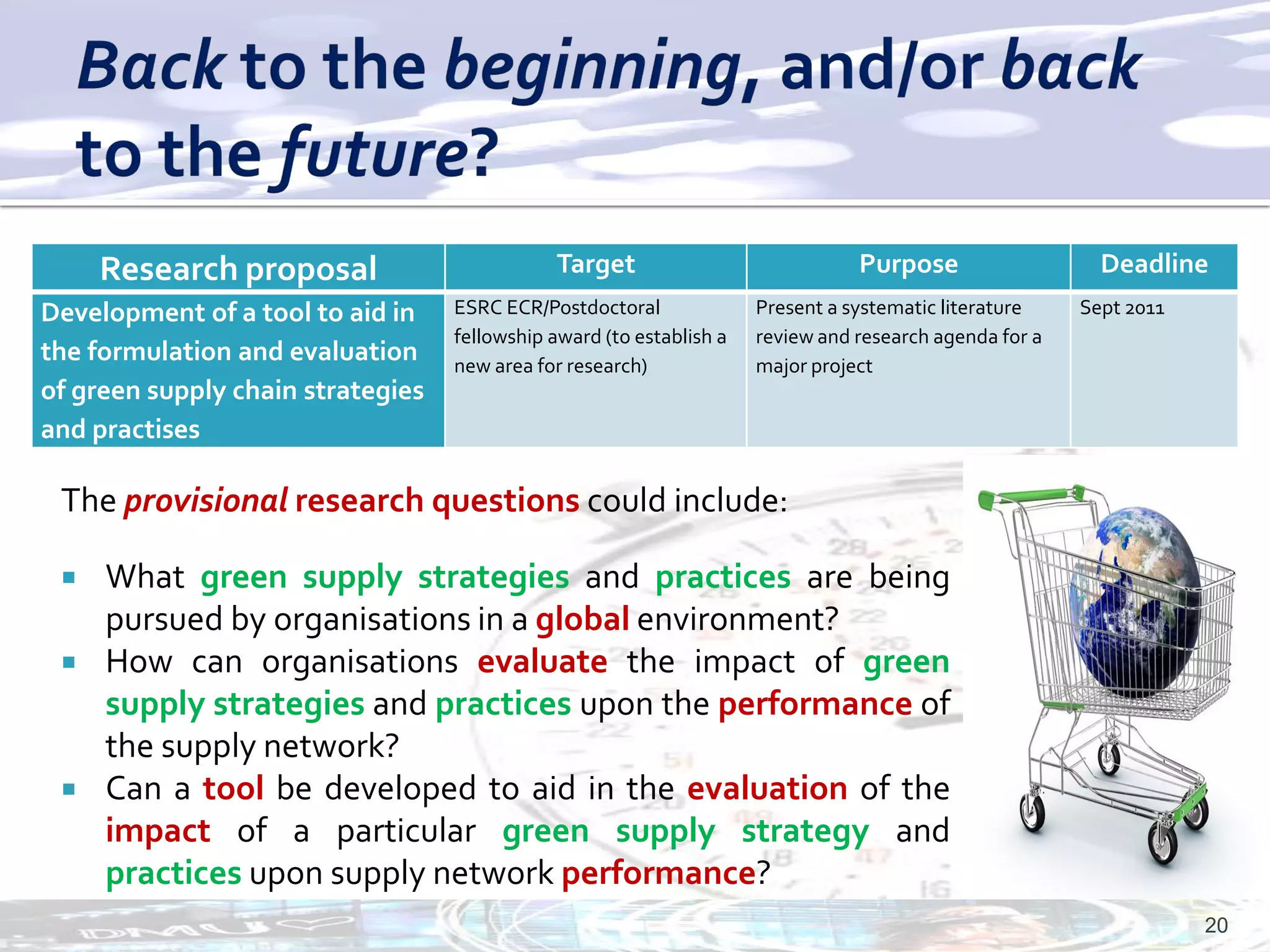 Research proposal                         Target                            Purpose                   Deadline
Development of a tool to aid in    ESRC ECR/Postdoctoral              Present a systematic literature    Sept 2011
                                   fellowship award (to establish a   review and research agenda for a
the formulation and evaluation     new area for research)             major project
of green supply chain strategies
and practises

 The provisional research questions could include:

    What green supply strategies and practices are being
     pursued by organisations in a global environment?
    How can organisations evaluate the impact of green
     supply strategies and practices upon the performance of
     the supply network?
    Can a tool be developed to aid in the evaluation of the
     impact of a particular green supply strategy and
     practices upon supply network performance?
                                                                                                                     20
 