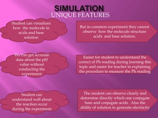 UNIQUE FEATURES
Student can visualizes
how the molecule in
acids and base
solution
Student can
understand well about
the reaction occur
during the experiment
We can get accurate
data about the pH
value without
conducting the
experiment
But in common experiment they cannot
observe how the molecule structure
acids and base solution.
Easier for student to understand the
correct of Ph reading during learning this
topic and easier for teacher in explaining
the procedure to measure the Ph reading
The student can observe clearly and
determine directly which one conjugate
base and conjugate acids . Also the
ability of solution to generate electricity
 