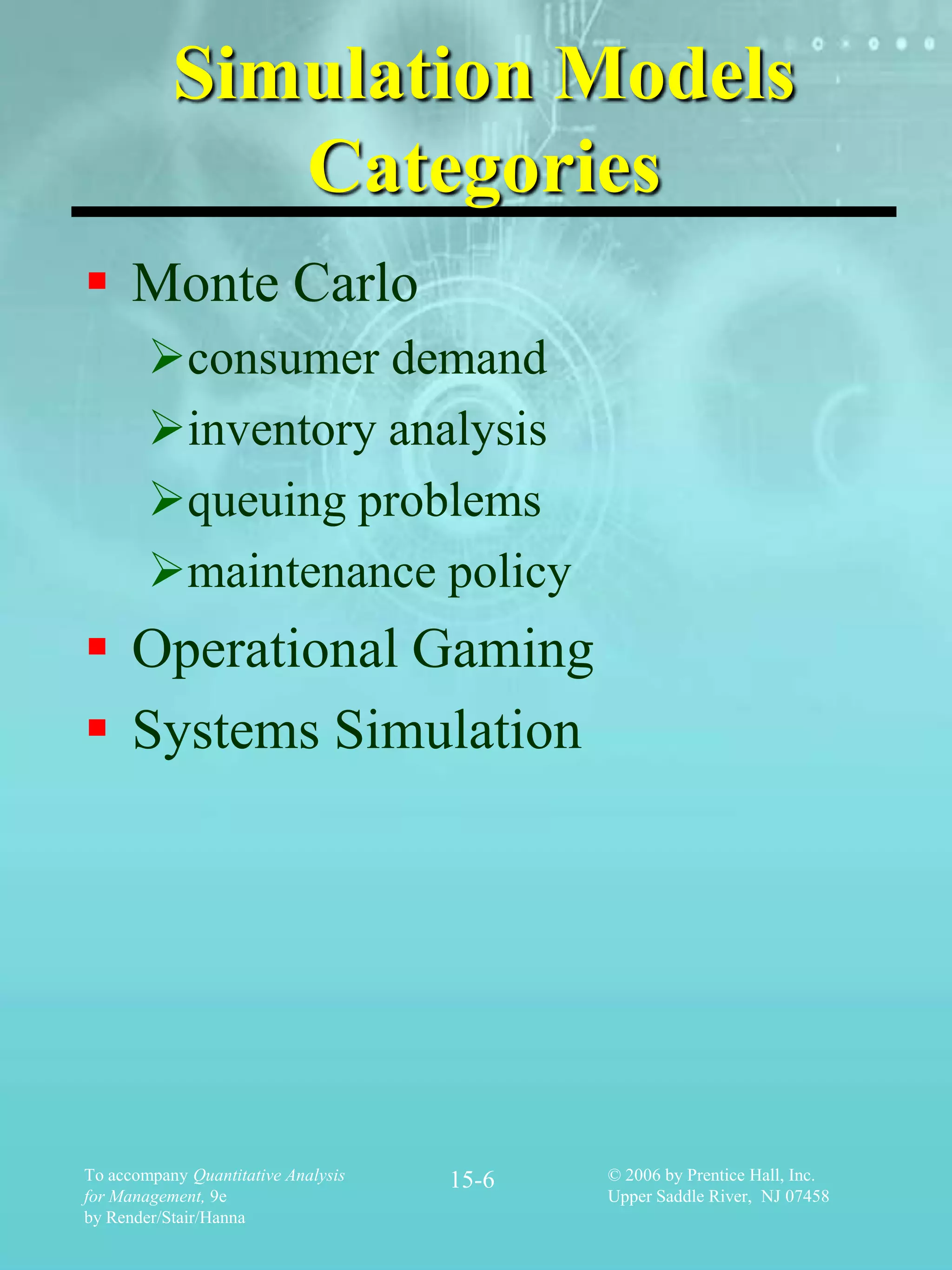 Simulation Models
              Categories
 Monte Carlo
        consumer demand
        inventory analysis
        queuing problems
        maintenance policy
 Operational Gaming
 Systems Simulation




To accompany Quantitative Analysis   15-6   © 2006 by Prentice Hall, Inc.
for Management, 9e                          Upper Saddle River, NJ 07458
by Render/Stair/Hanna
 
