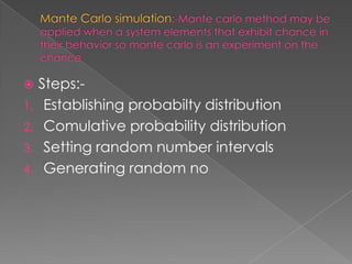  Steps:-
1. Establishing probabilty distribution
2. Comulative probability distribution
3. Setting random number intervals
4. Generating random no
 