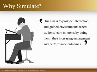  Integrating Simulations in Moodle for an Enhanced Learning Outcome
Why Simulate?
Our aim is to provide interactive
and guided environments where
students learn contents by doing
them, thus increasing engagement
and performance outcomes...
 