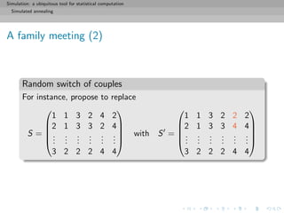 Simulation: a ubiquitous tool for statistical computation
Simulated annealing
A family meeting (2)
Random switch of couples
For instance, propose to replace
S =





1 1 3 2 4 2
2 1 3 3 2 4
...
...
...
...
...
...
3 2 2 2 4 4





with S =





1 1 3 2 2 2
2 1 3 3 4 4
...
...
...
...
...
...
3 2 2 2 4 4





 