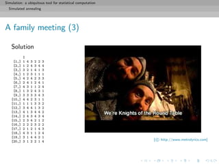 Simulation: a ubiquitous tool for statistical computation
Simulated annealing
A family meeting (3)
Solution
I
[1,] 1 4 3 2 2 3
[2,] 1 2 4 3 4 4
[3,] 3 2 1 4 1 3
[4,] 1 2 3 1 1 1
[5,] 4 2 4 2 3 3
[6,] 2 4 1 2 4 1
[7,] 4 3 1 1 2 4
[8,] 1 3 2 4 3 1
[9,] 3 3 3 3 4 3
[10,] 4 4 2 3 1 1
[11,] 1 1 1 3 3 2
[12,] 3 4 4 1 3 2
[13,] 4 1 3 4 4 2
[14,] 2 4 3 4 3 4
[15,] 2 3 4 2 1 2
[16,] 2 2 2 3 2 2
[17,] 2 1 2 1 4 3
[18,] 4 3 1 1 2 4
[19,] 3 1 4 4 2 1
[20,] 3 1 2 2 1 4 [ c http://www.metrolyrics.com]
 
