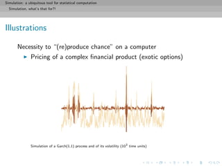 Simulation: a ubiquitous tool for statistical computation
Simulation, what’s that for?!
Illustrations
Necessity to “(re)produce chance” on a computer
Pricing of a complex ﬁnancial product (exotic options)
Simulation of a Garch(1,1) process and of its volatility (103
time units)
 