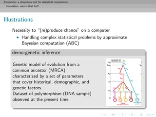 Simulation: a ubiquitous tool for statistical computation
Simulation, what’s that for?!
Illustrations
Necessity to “(re)produce chance” on a computer
Handling complex statistical problems by approximate
Bayesian computation (ABC)
demo-genetic inference
Genetic model of evolution from a
common ancestor (MRCA)
characterized by a set of parameters
that cover historical, demographic, and
genetic factors
Dataset of polymorphism (DNA sample)
observed at the present time
!""#$%&'()*+,(-*.&(/+0$'"1)()&$/+2!,03!
1/+*%*'"4*+56(""4&7()&$/.+.1#+4*.+8-9':*.+
Différents scénarios possibles, choix de scenario par ABC
Le scenario 1a est largement soutenu par rapport aux
 