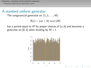 Simulation: a ubiquitous tool for statistical computation
Producing randomness by deterministic means
A standard uniform generator
The congruencial generator on {1, 2, . . . , M}
f(x) = (ax + b) mod (M)
has a period equal to M for proper choices of (a, b) and becomes a
generator on ]0, 1[ when dividing by M + 1
 