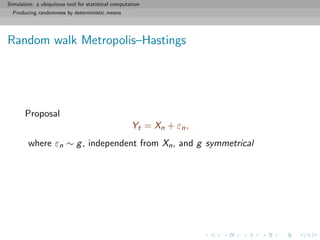 Simulation: a ubiquitous tool for statistical computation
Producing randomness by deterministic means
Random walk Metropolis–Hastings
Proposal
Yt = Xn + εn,
where εn ∼ g, independent from Xn, and g symmetrical
 