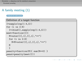Simulation: a ubiquitous tool for statistical computation
Simulated annealing
A family meeting (1)
Recall the table puzzle
Deﬁnition of a target function
I=sample(rep(1:4,5))
for (i in 2:6)
I=cbind(I,sample(rep(1:4,5)))
meet=function(I){
M=outer(I[,1],I[,1],"==")
for (i in 2:6)
M=M+outer(I[,i],I[,i],"==")
M
}
penalty=function(M){ sum(M==0) }
penat=penalty(meet(I))
 