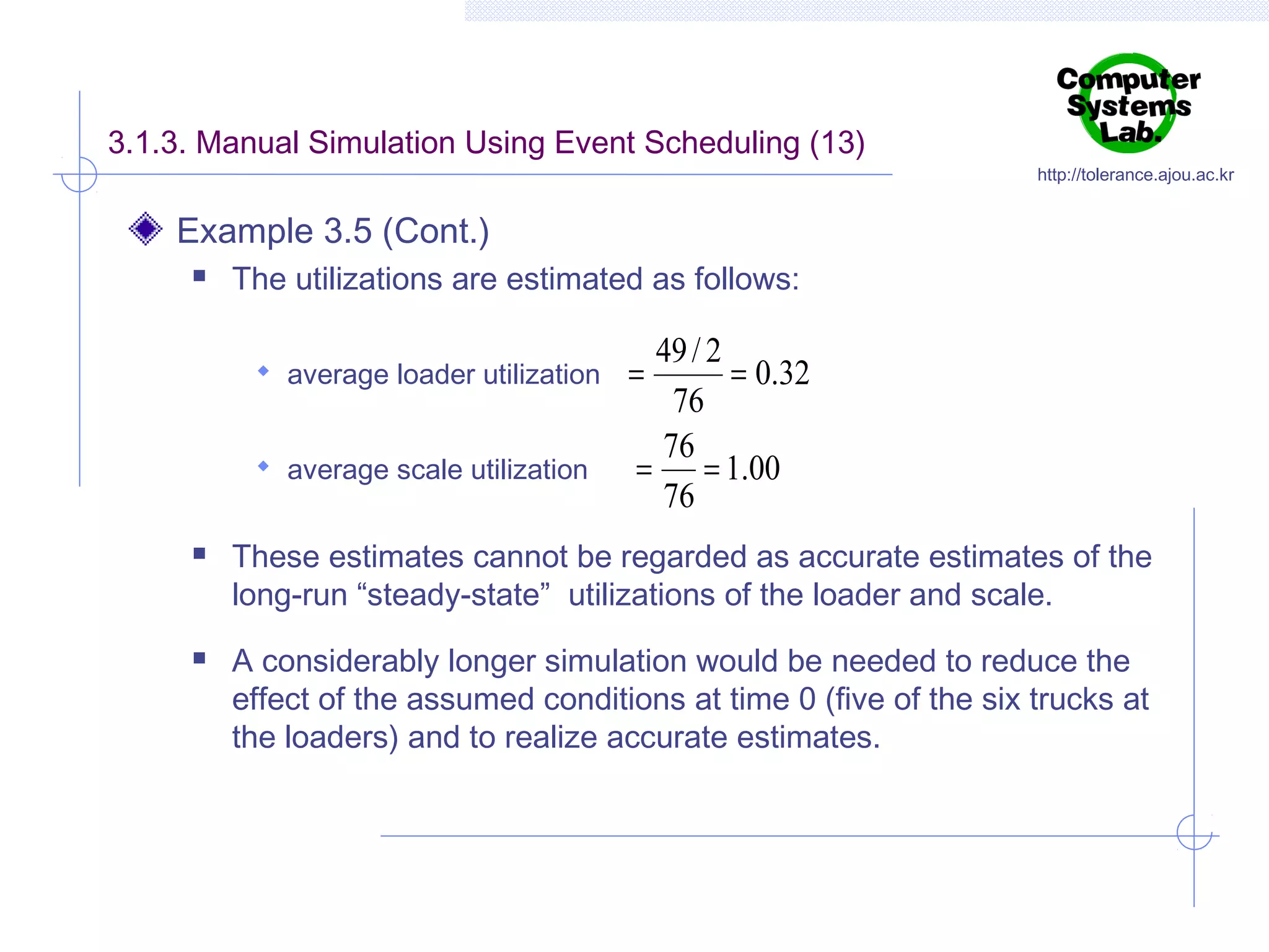 3.1.3. Manual Simulation Using Event Scheduling (13)

http://tolerance.ajou.ac.kr

Example 3.5 (Cont.)


The utilizations are estimated as follows:
 average loader utilization
 average scale utilization





49 / 2
= 0.32
76
76
= = 1.00
76

=

These estimates cannot be regarded as accurate estimates of the
long-run “steady-state” utilizations of the loader and scale.
A considerably longer simulation would be needed to reduce the
effect of the assumed conditions at time 0 (five of the six trucks at
the loaders) and to realize accurate estimates.

 