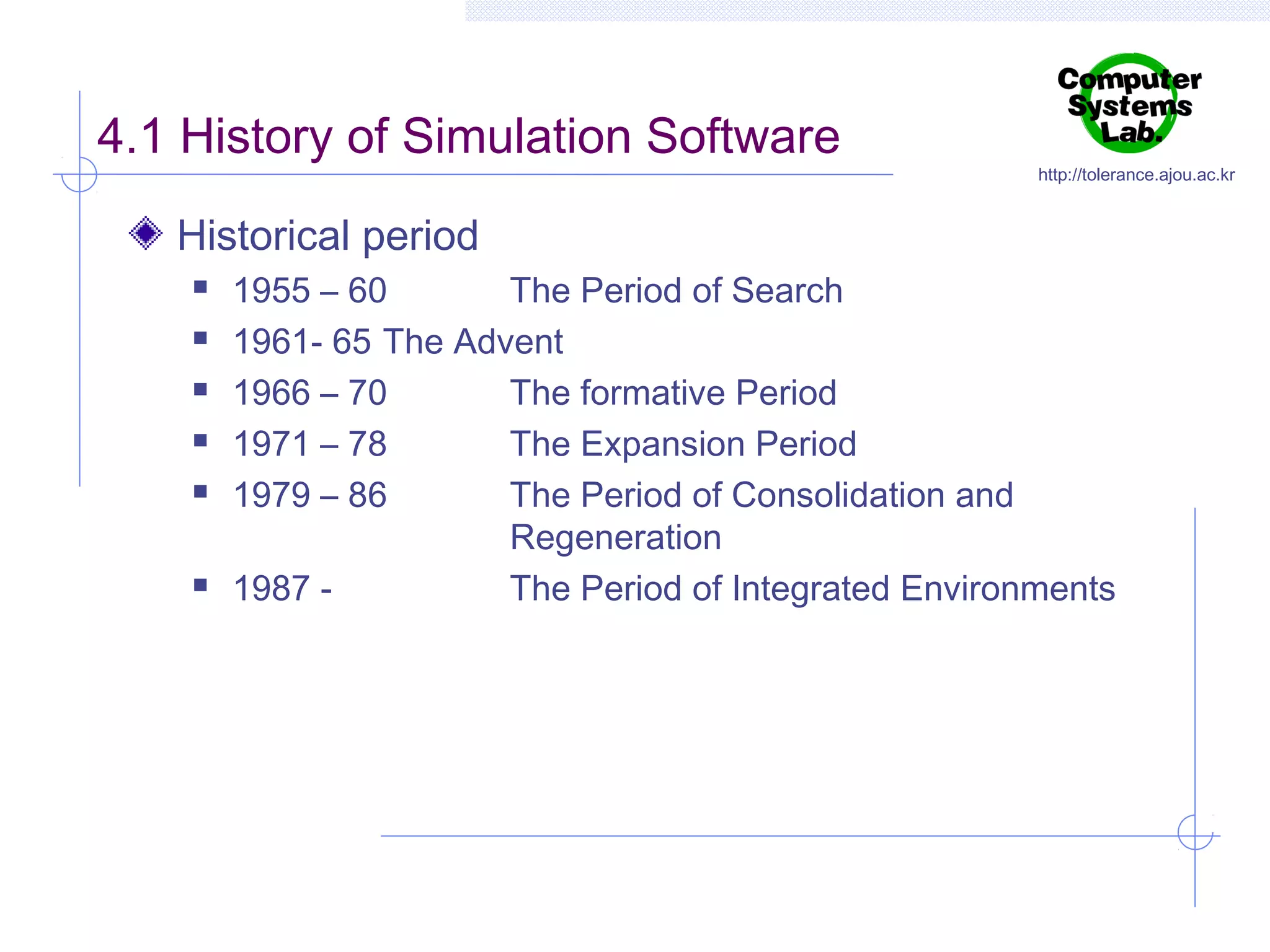 4.1 History of Simulation Software

http://tolerance.ajou.ac.kr

Historical period








1955 – 60
The Period of Search
1961- 65 The Advent
1966 – 70
The formative Period
1971 – 78
The Expansion Period
1979 – 86
The Period of Consolidation and
Regeneration
1987 The Period of Integrated Environments

 