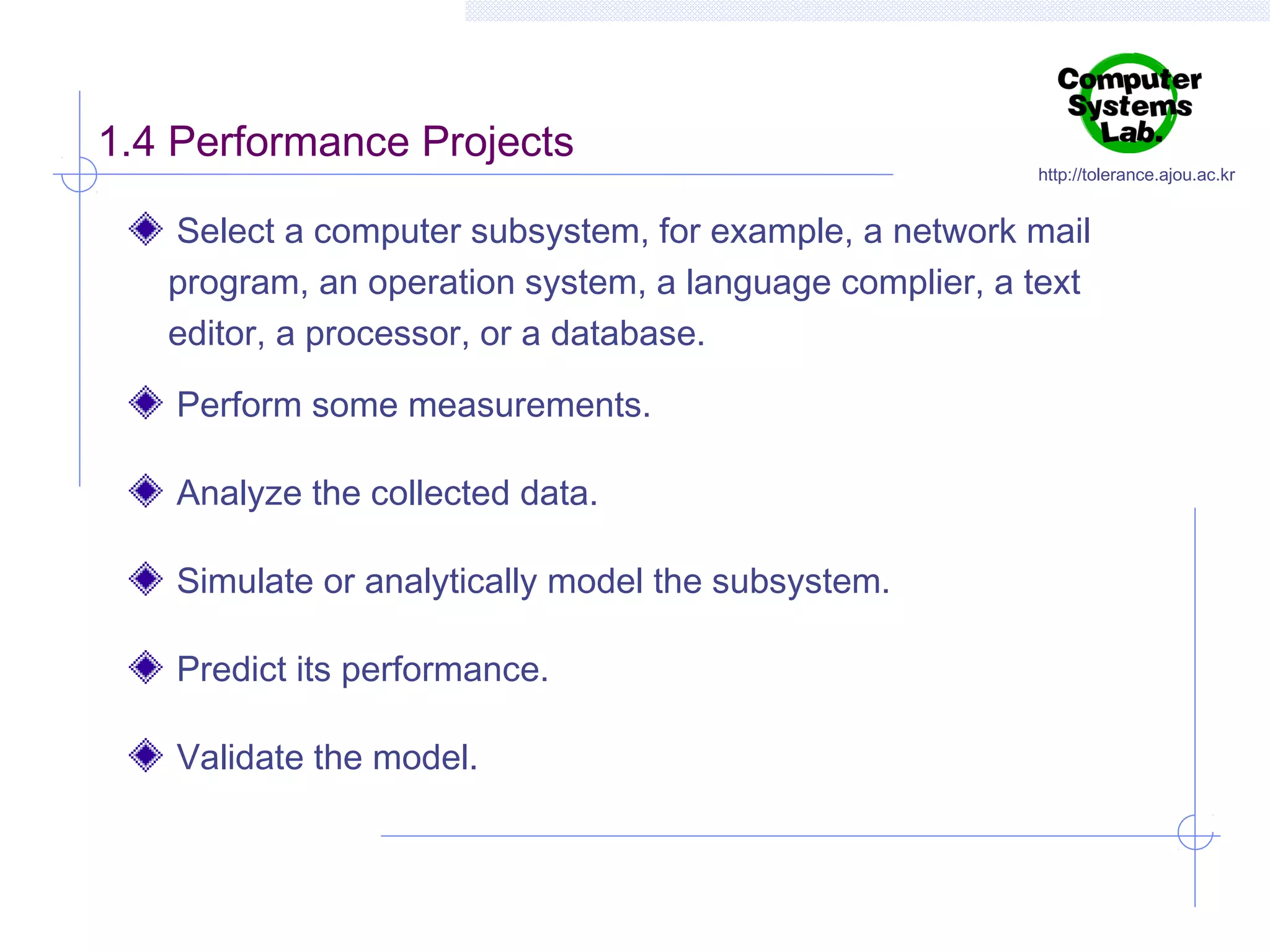 1.4 Performance Projects

http://tolerance.ajou.ac.kr

Select a computer subsystem, for example, a network mail
program, an operation system, a language complier, a text
editor, a processor, or a database.
Perform some measurements.
Analyze the collected data.
Simulate or analytically model the subsystem.
Predict its performance.
Validate the model.

 