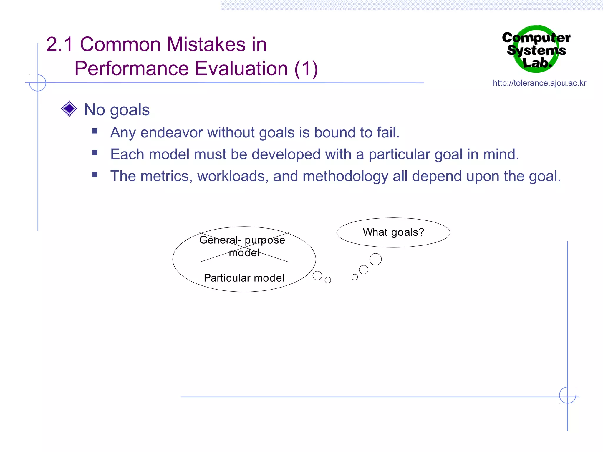 2.1 Common Mistakes in
Performance Evaluation (1)

http://tolerance.ajou.ac.kr

No goals




Any endeavor without goals is bound to fail.
Each model must be developed with a particular goal in mind.
The metrics, workloads, and methodology all depend upon the goal.

General- purpose
model
Particular model

What goals?

 