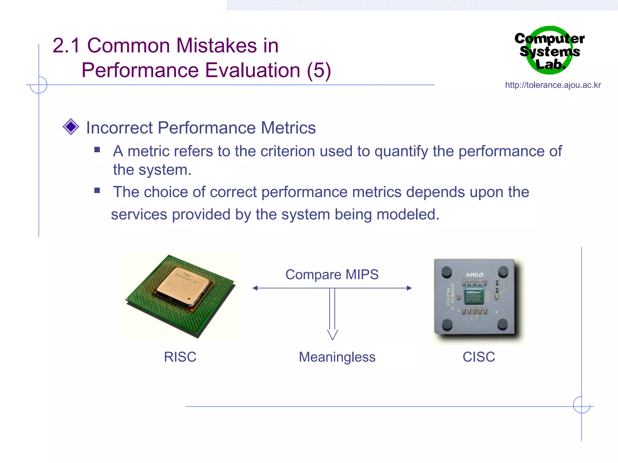 2.1 Common Mistakes in
Performance Evaluation (5)

http://tolerance.ajou.ac.kr

Incorrect Performance Metrics




A metric refers to the criterion used to quantify the performance of
the system.
The choice of correct performance metrics depends upon the
services provided by the system being modeled.

Compare MIPS

RISC

Meaningless

CISC

 