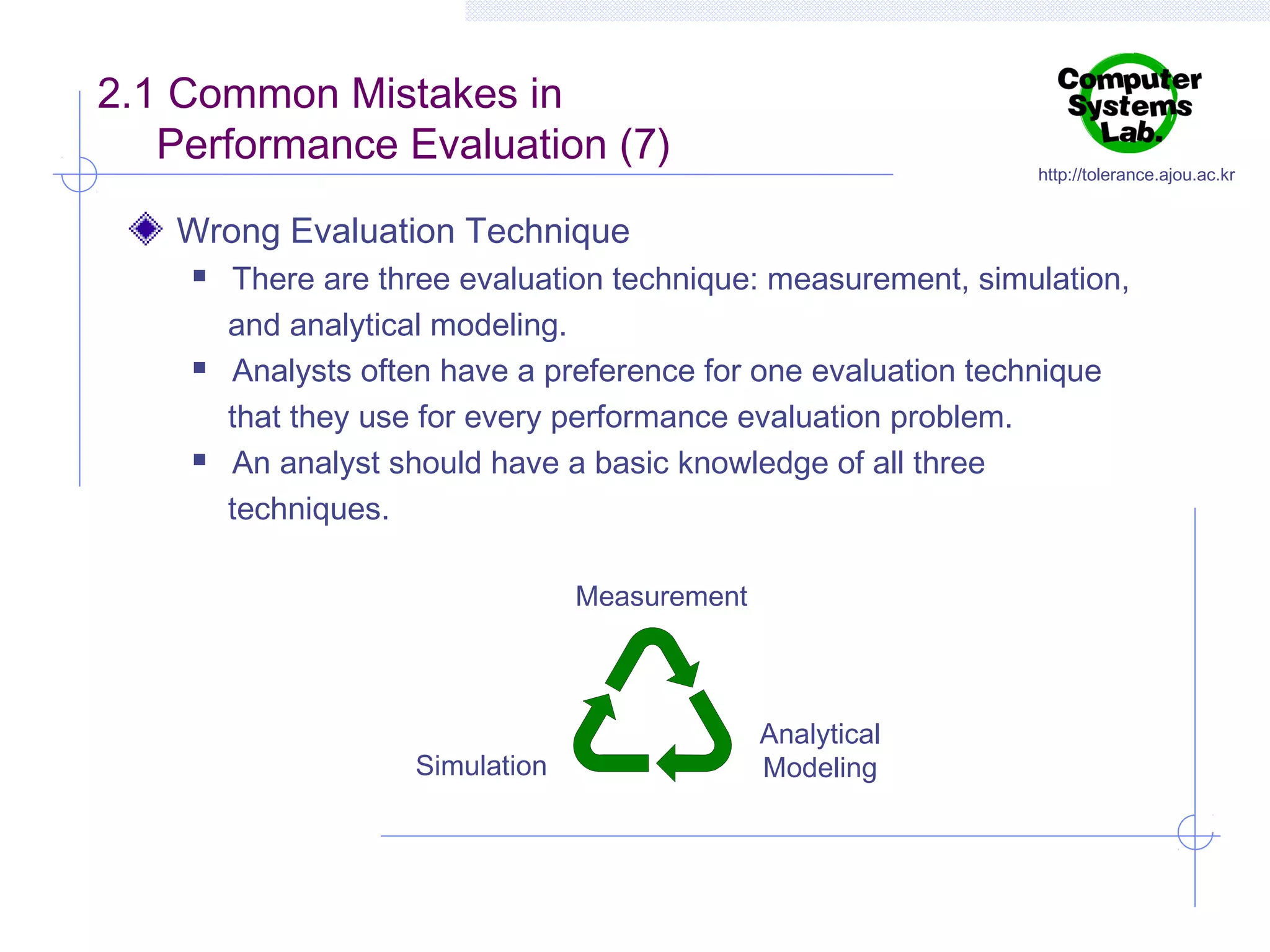 2.1 Common Mistakes in
Performance Evaluation (7)

http://tolerance.ajou.ac.kr

Wrong Evaluation Technique






There are three evaluation technique: measurement, simulation,
and analytical modeling.
Analysts often have a preference for one evaluation technique
that they use for every performance evaluation problem.
An analyst should have a basic knowledge of all three
techniques.
Measurement

Simulation

Analytical
Modeling

 