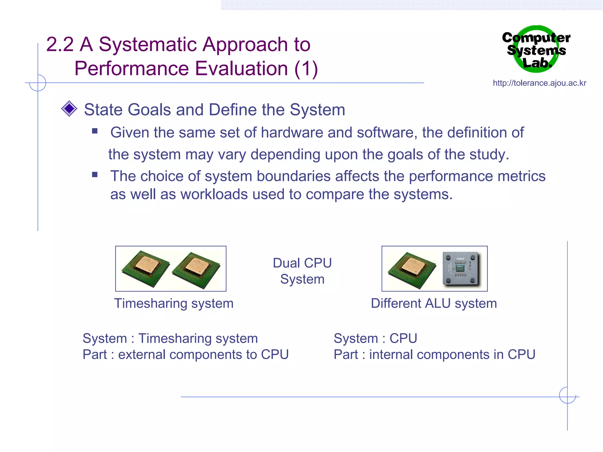 2.2 A Systematic Approach to
Performance Evaluation (1)

http://tolerance.ajou.ac.kr

State Goals and Define the System




Given the same set of hardware and software, the definition of
the system may vary depending upon the goals of the study.
The choice of system boundaries affects the performance metrics
as well as workloads used to compare the systems.

Dual CPU
System
Timesharing system
System : Timesharing system
Part : external components to CPU

Different ALU system
System : CPU
Part : internal components in CPU

 
