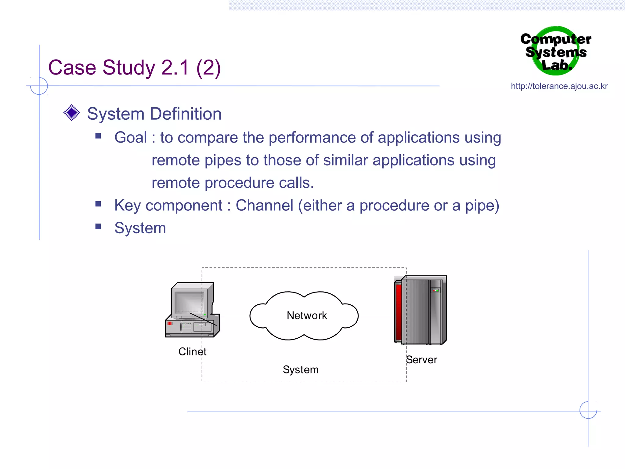 Case Study 2.1 (2)

http://tolerance.ajou.ac.kr

System Definition





Goal : to compare the performance of applications using
remote pipes to those of similar applications using
remote procedure calls.
Key component : Channel (either a procedure or a pipe)
System

Network
Clinet
System

Server

 