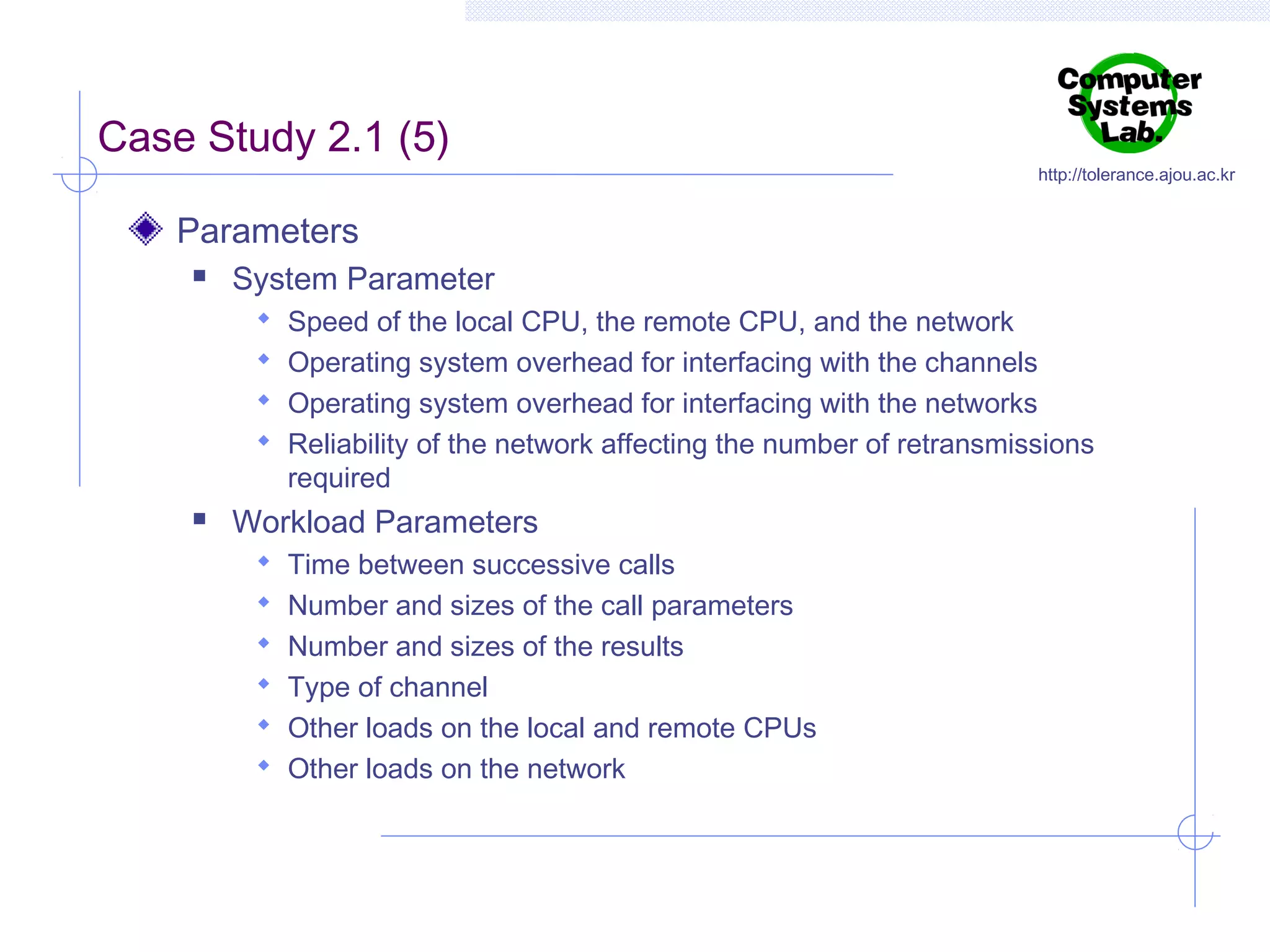 Case Study 2.1 (5)

http://tolerance.ajou.ac.kr

Parameters


System Parameter
 Speed of the local CPU, the remote CPU, and the network
 Operating system overhead for interfacing with the channels
 Operating system overhead for interfacing with the networks
 Reliability of the network affecting the number of retransmissions

required



Workload Parameters
 Time between successive calls
 Number and sizes of the call parameters
 Number and sizes of the results
 Type of channel
 Other loads on the local and remote CPUs
 Other loads on the network

 