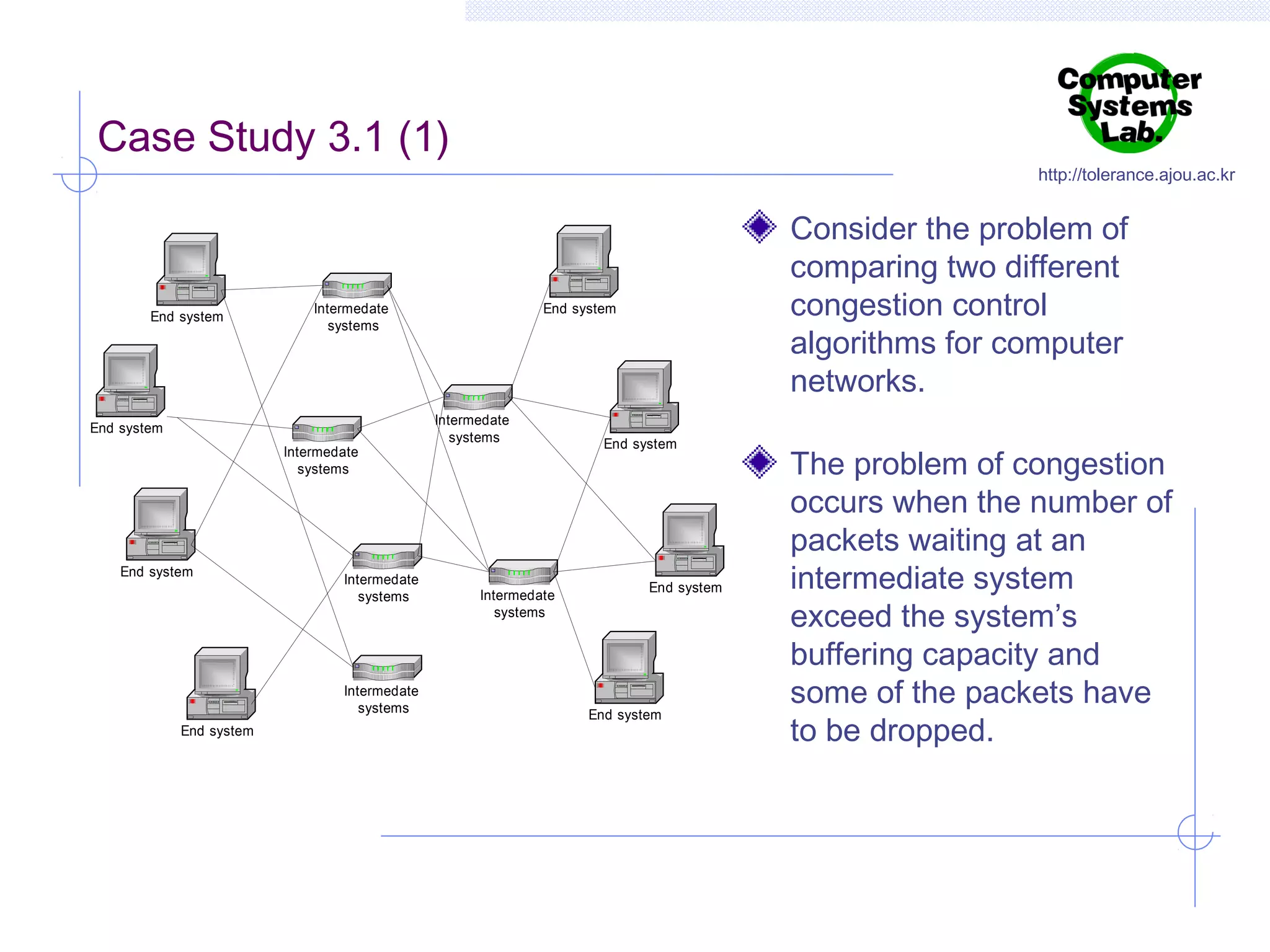Case Study 3.1 (1)

End system

Intermedate
systems

End system
Intermedate
systems

End system

Intermedate
systems

Intermedate
systems
End system

http://tolerance.ajou.ac.kr

Consider the problem of
comparing two different
congestion control
algorithms for computer
networks.

End system

Intermedate
systems

Intermedate
systems

End system

End system

End system

The problem of congestion
occurs when the number of
packets waiting at an
intermediate system
exceed the system’s
buffering capacity and
some of the packets have
to be dropped.

 
