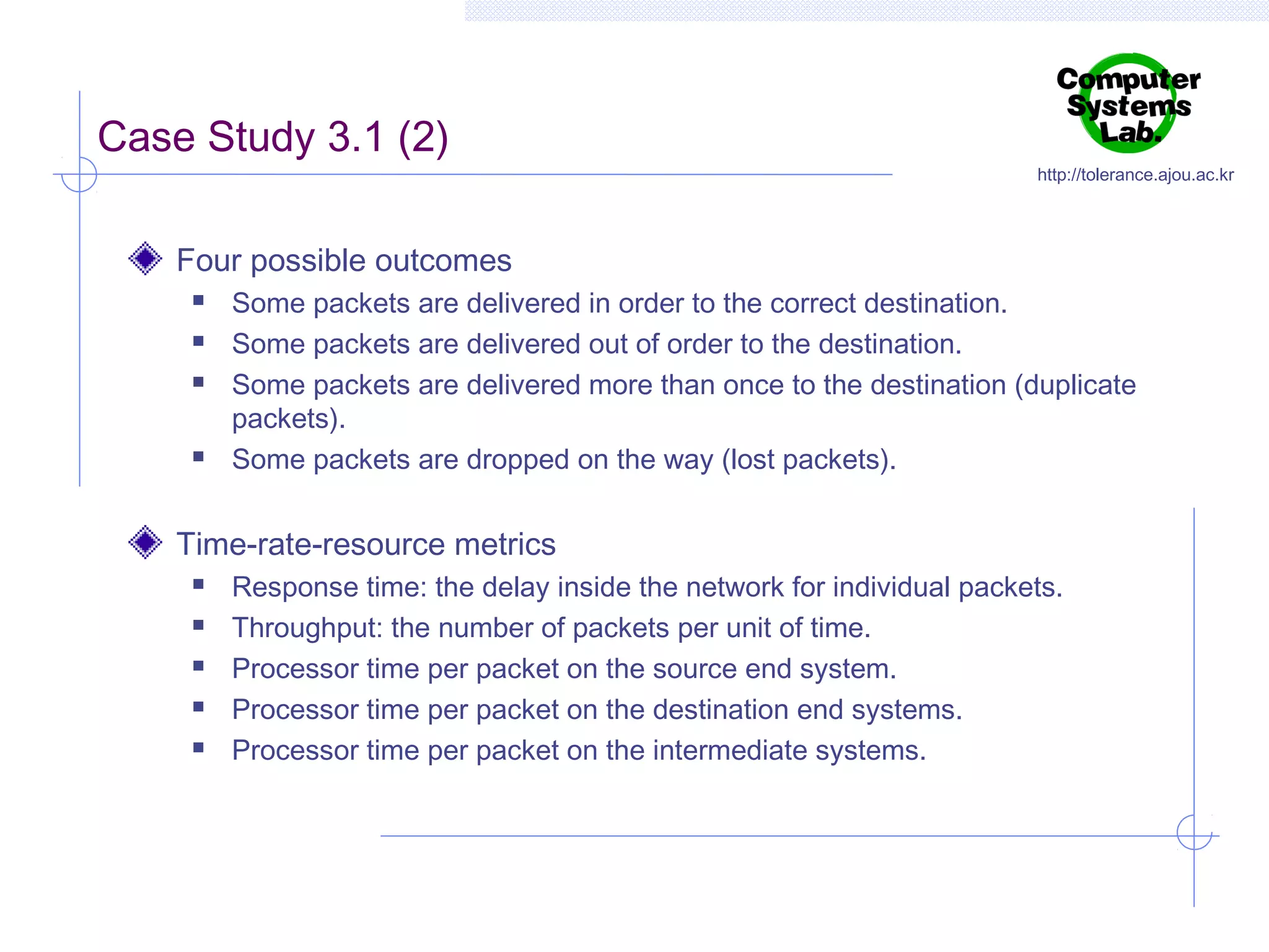 Case Study 3.1 (2)

http://tolerance.ajou.ac.kr

Four possible outcomes






Some packets are delivered in order to the correct destination.
Some packets are delivered out of order to the destination.
Some packets are delivered more than once to the destination (duplicate
packets).
Some packets are dropped on the way (lost packets).

Time-rate-resource metrics






Response time: the delay inside the network for individual packets.
Throughput: the number of packets per unit of time.
Processor time per packet on the source end system.
Processor time per packet on the destination end systems.
Processor time per packet on the intermediate systems.

 