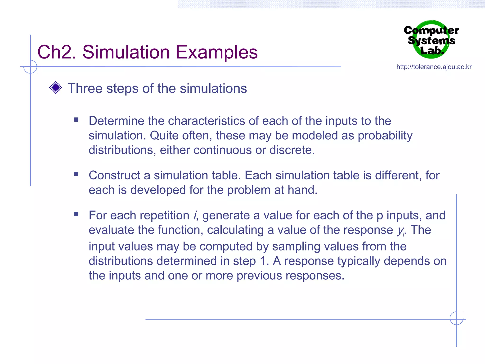 Ch2. Simulation Examples

http://tolerance.ajou.ac.kr

Three steps of the simulations






Determine the characteristics of each of the inputs to the
simulation. Quite often, these may be modeled as probability
distributions, either continuous or discrete.
Construct a simulation table. Each simulation table is different, for
each is developed for the problem at hand.
For each repetition i, generate a value for each of the p inputs, and
evaluate the function, calculating a value of the response yi. The
input values may be computed by sampling values from the
distributions determined in step 1. A response typically depends on
the inputs and one or more previous responses.

 