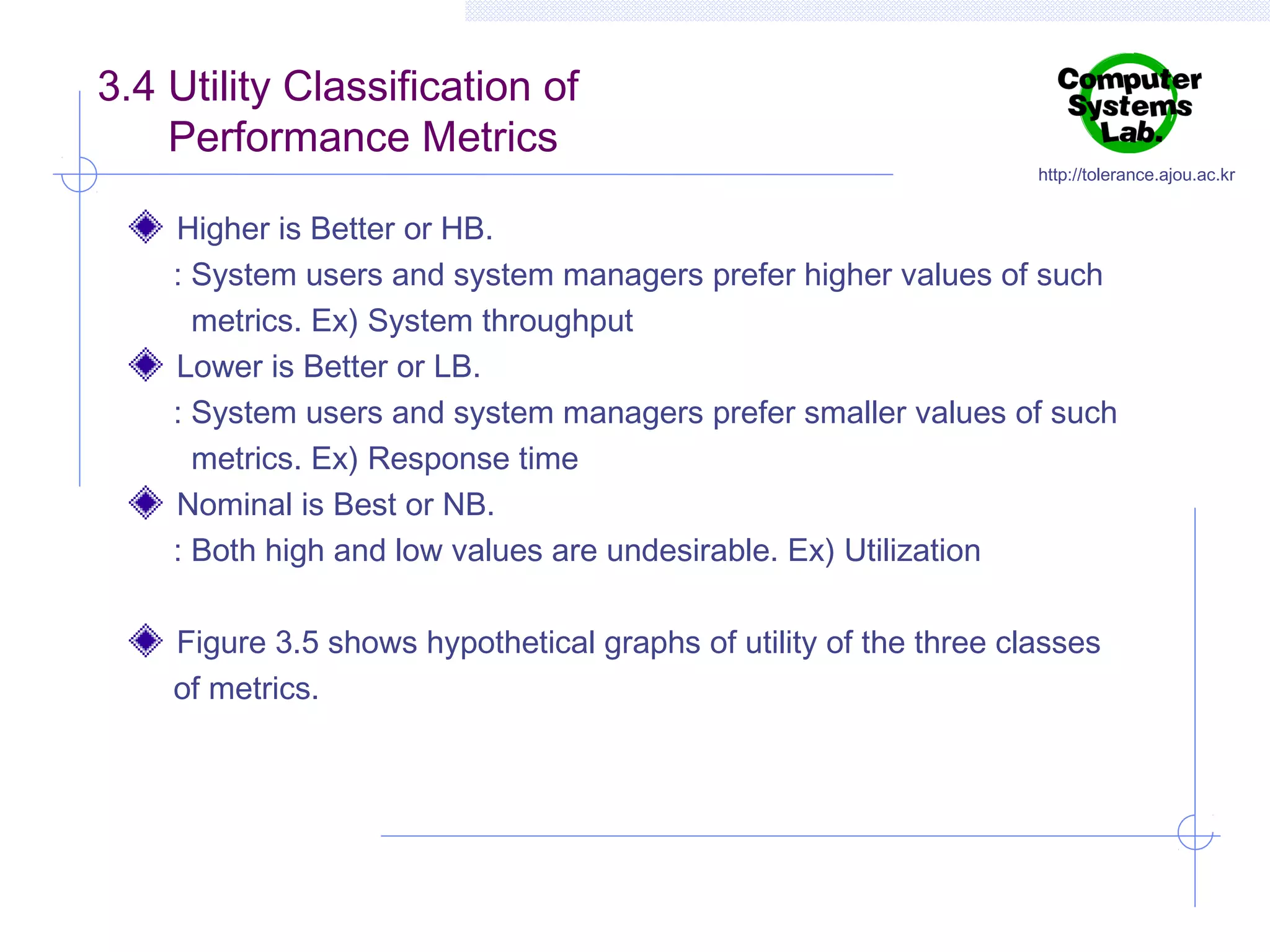 3.4 Utility Classification of
Performance Metrics

http://tolerance.ajou.ac.kr

Higher is Better or HB.
: System users and system managers prefer higher values of such
metrics. Ex) System throughput
Lower is Better or LB.
: System users and system managers prefer smaller values of such
metrics. Ex) Response time
Nominal is Best or NB.
: Both high and low values are undesirable. Ex) Utilization
Figure 3.5 shows hypothetical graphs of utility of the three classes
of metrics.

 