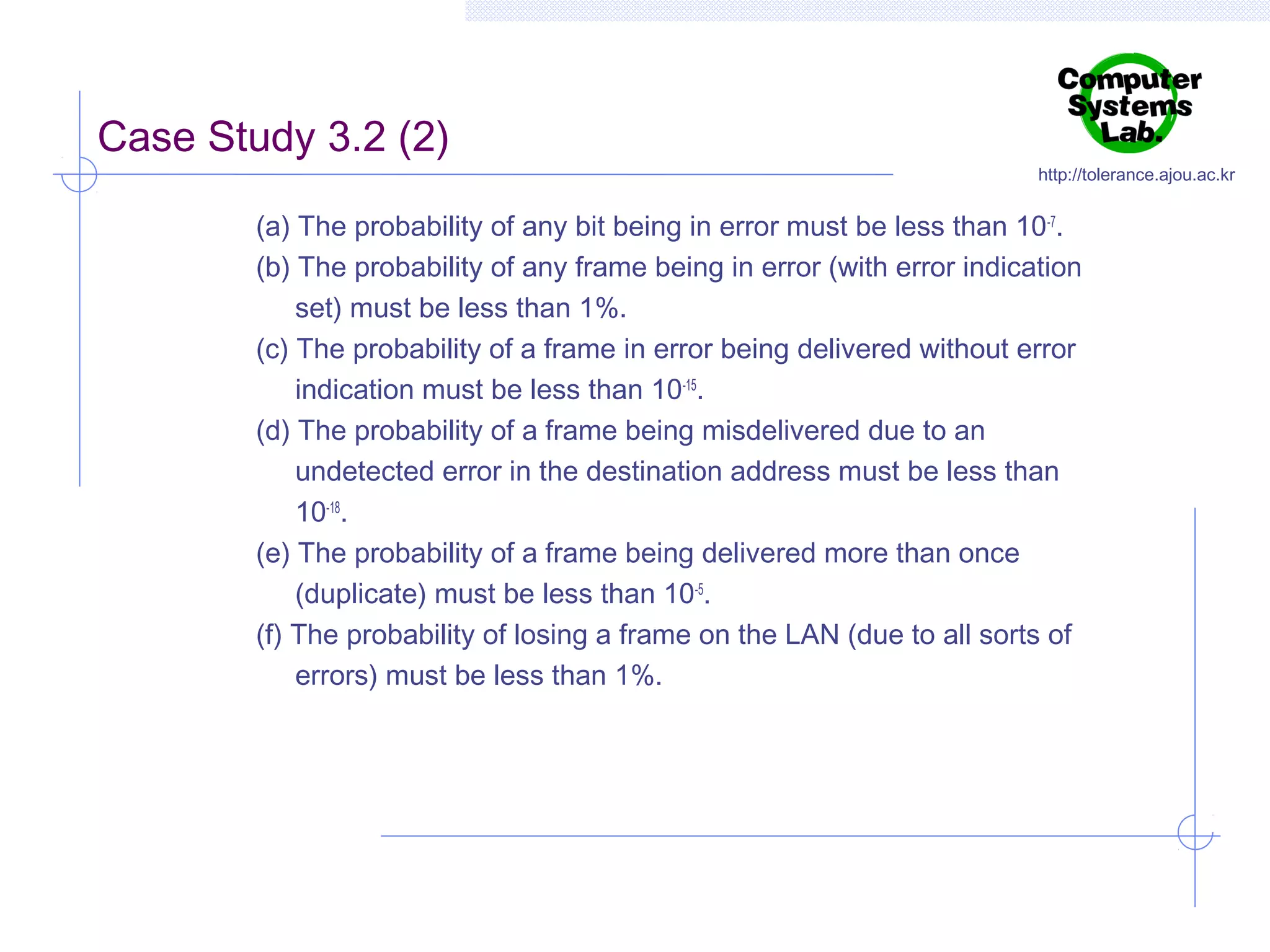 Case Study 3.2 (2)

http://tolerance.ajou.ac.kr

(a) The probability of any bit being in error must be less than 10-7.
(b) The probability of any frame being in error (with error indication
set) must be less than 1%.
(c) The probability of a frame in error being delivered without error
indication must be less than 10-15.
(d) The probability of a frame being misdelivered due to an
undetected error in the destination address must be less than
10-18.
(e) The probability of a frame being delivered more than once
(duplicate) must be less than 10-5.
(f) The probability of losing a frame on the LAN (due to all sorts of
errors) must be less than 1%.

 
