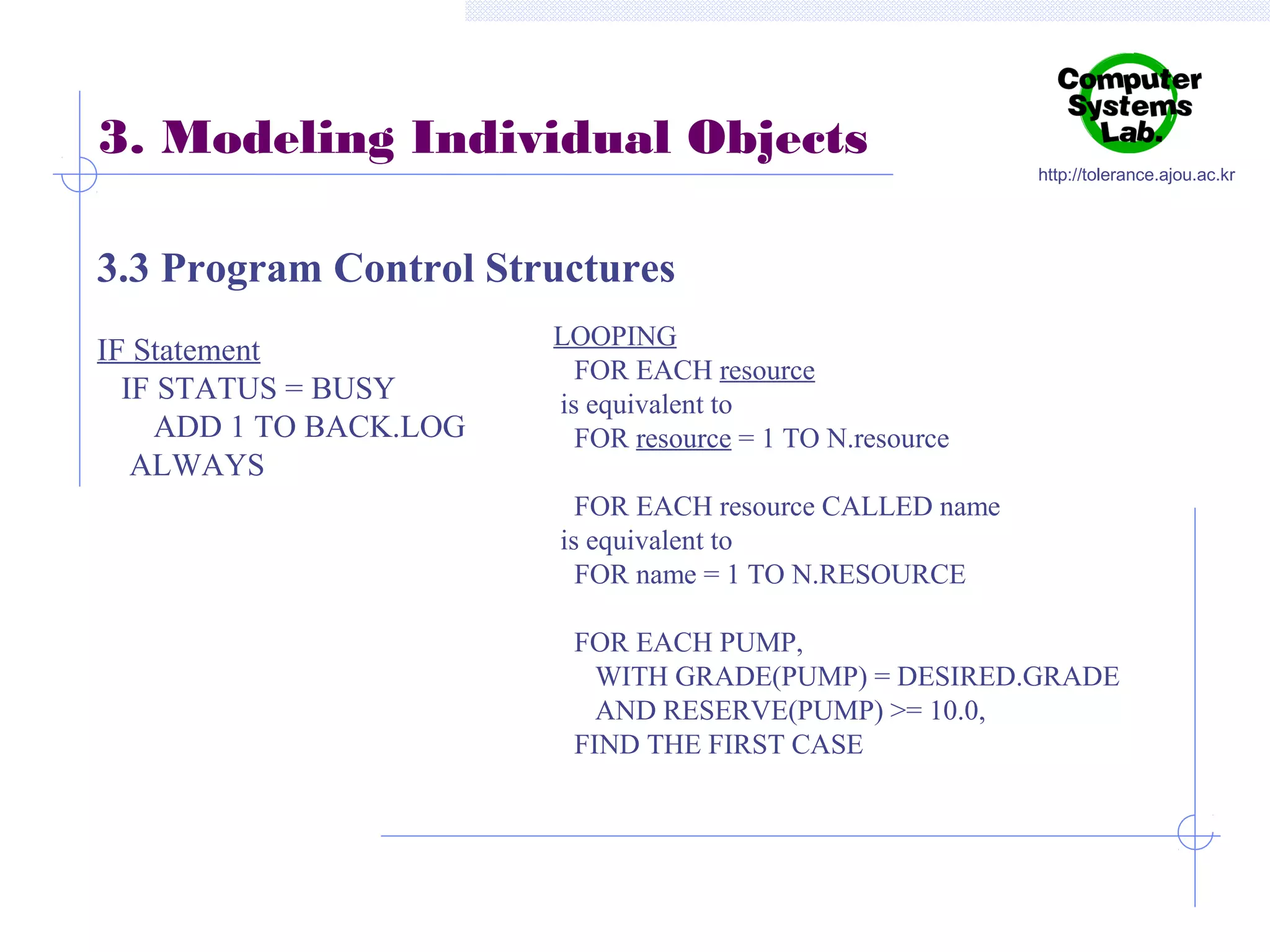 3. Modeling Individual Objects

http://tolerance.ajou.ac.kr

3.3 Program Control Structures
IF Statement
IF STATUS = BUSY
ADD 1 TO BACK.LOG
ALWAYS

LOOPING
FOR EACH resource
is equivalent to
FOR resource = 1 TO N.resource
FOR EACH resource CALLED name
is equivalent to
FOR name = 1 TO N.RESOURCE
FOR EACH PUMP,
WITH GRADE(PUMP) = DESIRED.GRADE
AND RESERVE(PUMP) >= 10.0,
FIND THE FIRST CASE

 