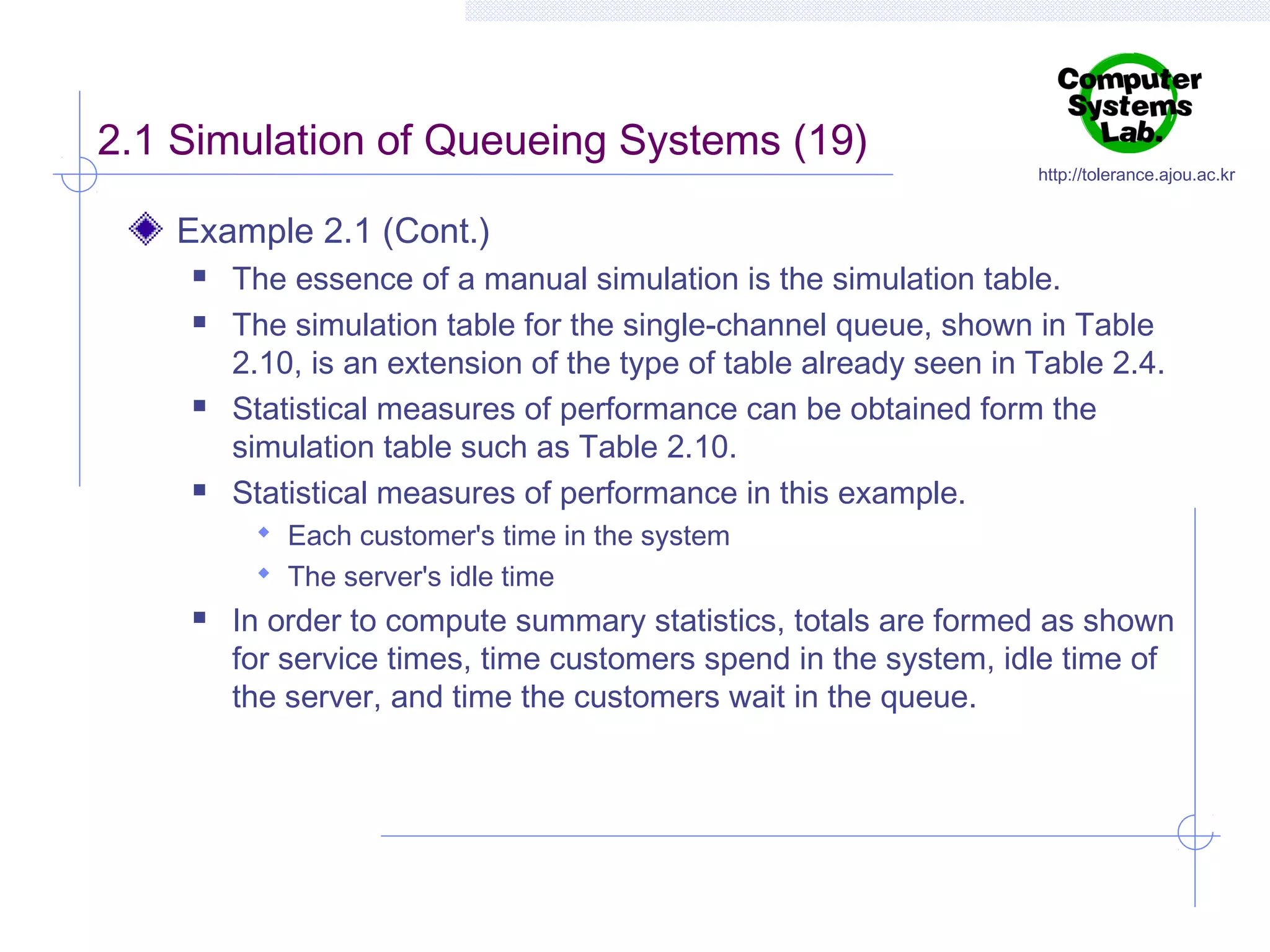 2.1 Simulation of Queueing Systems (19)

http://tolerance.ajou.ac.kr

Example 2.1 (Cont.)







The essence of a manual simulation is the simulation table.
The simulation table for the single-channel queue, shown in Table
2.10, is an extension of the type of table already seen in Table 2.4.
Statistical measures of performance can be obtained form the
simulation table such as Table 2.10.
Statistical measures of performance in this example.
 Each customer's time in the system
 The server's idle time



In order to compute summary statistics, totals are formed as shown
for service times, time customers spend in the system, idle time of
the server, and time the customers wait in the queue.

 