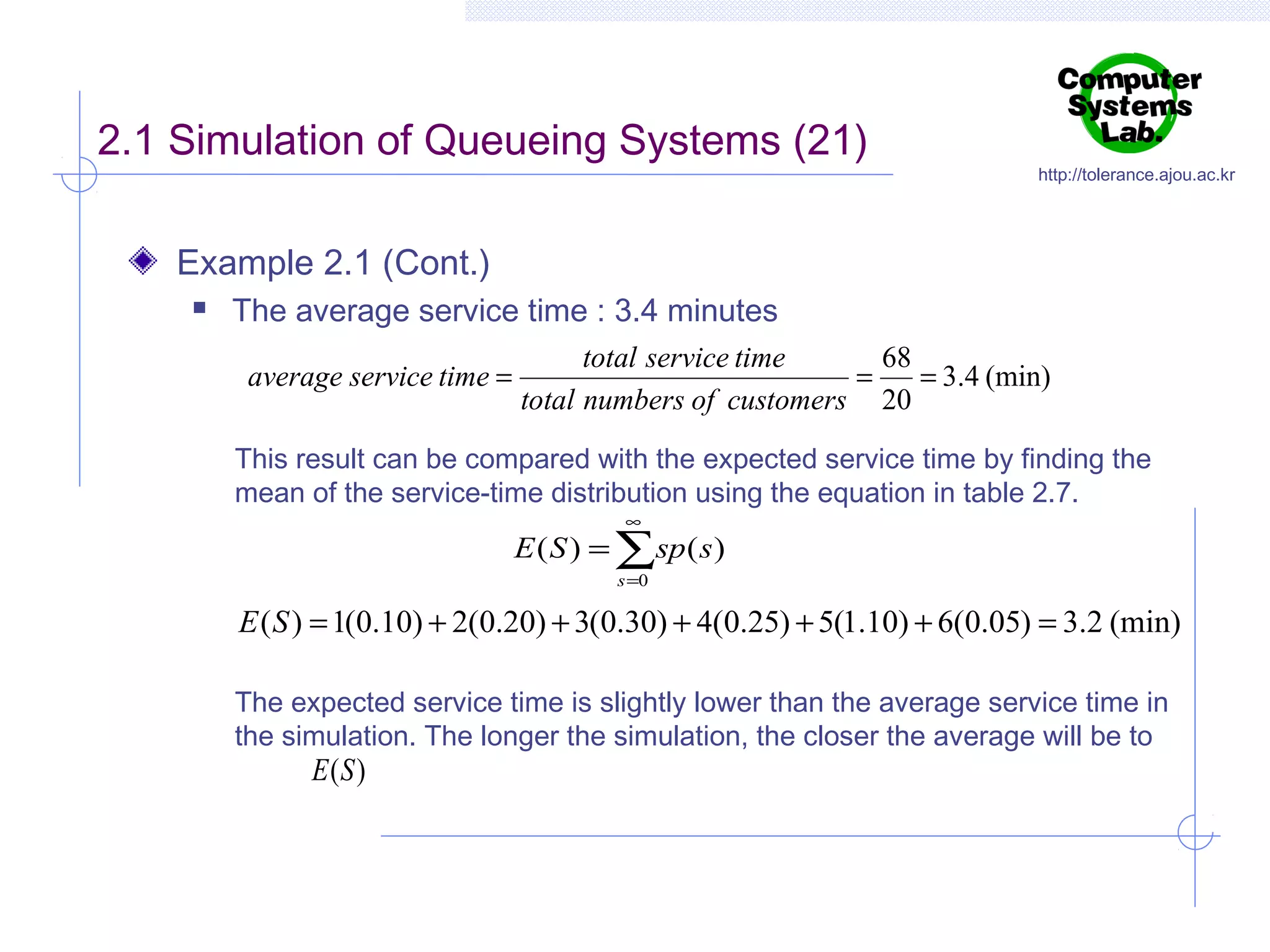 2.1 Simulation of Queueing Systems (21)

http://tolerance.ajou.ac.kr

Example 2.1 (Cont.)


The average service time : 3.4 minutes
average service time =

total service time
68
=
= 3.4 (min)
total numbers of customers 20

This result can be compared with the expected service time by finding the
mean of the service-time distribution using the equation in table 2.7.
∞

E ( S ) = ∑sp ( s )
s =0

E ( S ) = 1(0.10) + 2(0.20) + 3(0.30) + 4(0.25) + 5(1.10) + 6(0.05) = 3.2 (min)
The expected service time is slightly lower than the average service time in
the simulation. The longer the simulation, the closer the average will be to

E (S )

 