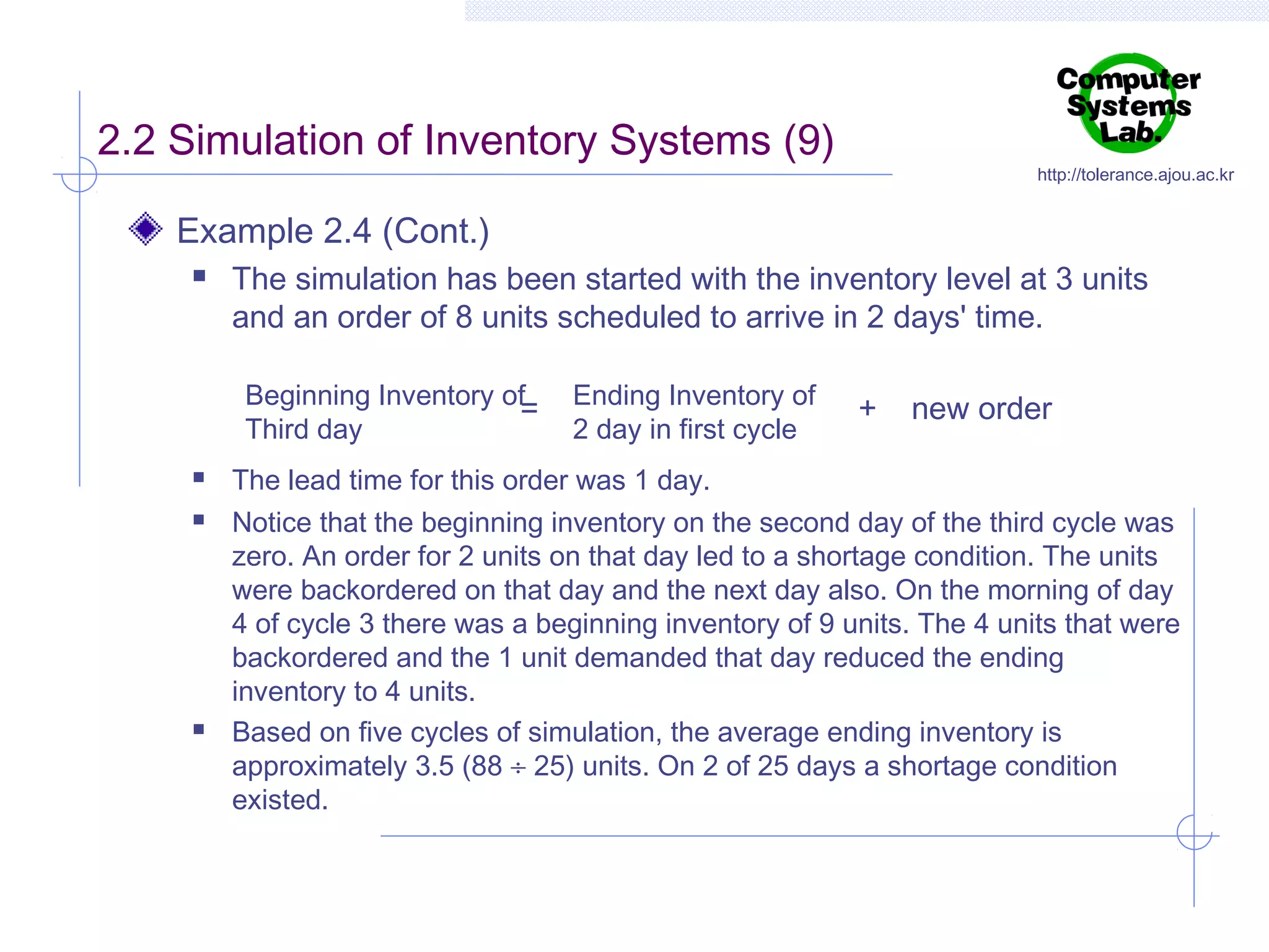 2.2 Simulation of Inventory Systems (9)

http://tolerance.ajou.ac.kr

Example 2.4 (Cont.)


The simulation has been started with the inventory level at 3 units
and an order of 8 units scheduled to arrive in 2 days' time.
Beginning Inventory of
=
Third day






Ending Inventory of
2 day in first cycle

+

new order

The lead time for this order was 1 day.
Notice that the beginning inventory on the second day of the third cycle was
zero. An order for 2 units on that day led to a shortage condition. The units
were backordered on that day and the next day also. On the morning of day
4 of cycle 3 there was a beginning inventory of 9 units. The 4 units that were
backordered and the 1 unit demanded that day reduced the ending
inventory to 4 units.
Based on five cycles of simulation, the average ending inventory is
approximately 3.5 (88 ÷ 25) units. On 2 of 25 days a shortage condition
existed.

 