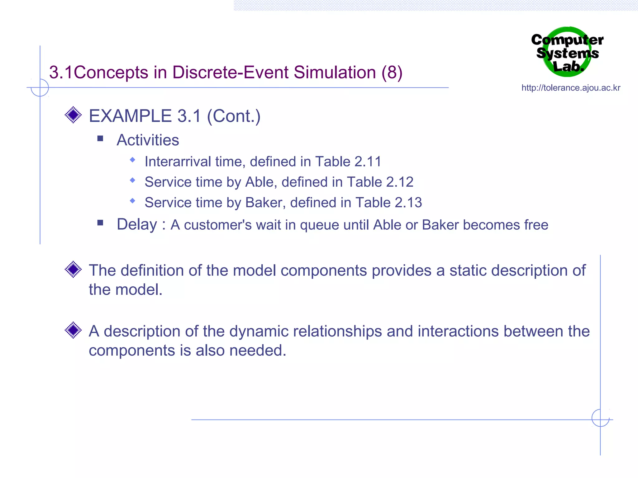 3.1Concepts in Discrete-Event Simulation (8)

http://tolerance.ajou.ac.kr

EXAMPLE 3.1 (Cont.)


Activities
 Interarrival time, defined in Table 2.11
 Service time by Able, defined in Table 2.12
 Service time by Baker, defined in Table 2.13



Delay : A customer's wait in queue until Able or Baker becomes free

The definition of the model components provides a static description of
the model.
A description of the dynamic relationships and interactions between the
components is also needed.

 