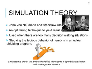 SIMULATION THEORY
 John Von Neumann and Stanislaw Ulam.
 An optimizing technique to yield results.
 Used when there are too many decision making situations.
 Studying the tedious behavior of neurons in a nuclear
shielding program.
Simulation is one of the most widely used techniques in operations research
and management science.
8
 