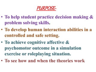 PURPOSE-
• To help student practice decision making &
problem solving skills.
• To develop human interaction abilities in a
controlled and safe setting.
• To achieve cognitive affective &
psychomotor outcome in a simulation
exercise or roleplaying situation.
• To see how and when the theories work
 