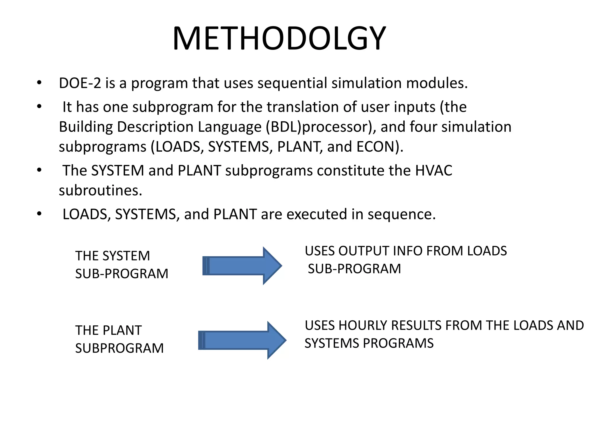 METHODOLGY
• DOE-2 is a program that uses sequential simulation modules.
• It has one subprogram for the translation of user inputs (the
Building Description Language (BDL)processor), and four simulation
subprograms (LOADS, SYSTEMS, PLANT, and ECON).
• The SYSTEM and PLANT subprograms constitute the HVAC
subroutines.
• LOADS, SYSTEMS, and PLANT are executed in sequence.
THE SYSTEM
SUB-PROGRAM
USES OUTPUT INFO FROM LOADS
SUB-PROGRAM
THE PLANT
SUBPROGRAM
USES HOURLY RESULTS FROM THE LOADS AND
SYSTEMS PROGRAMS
 