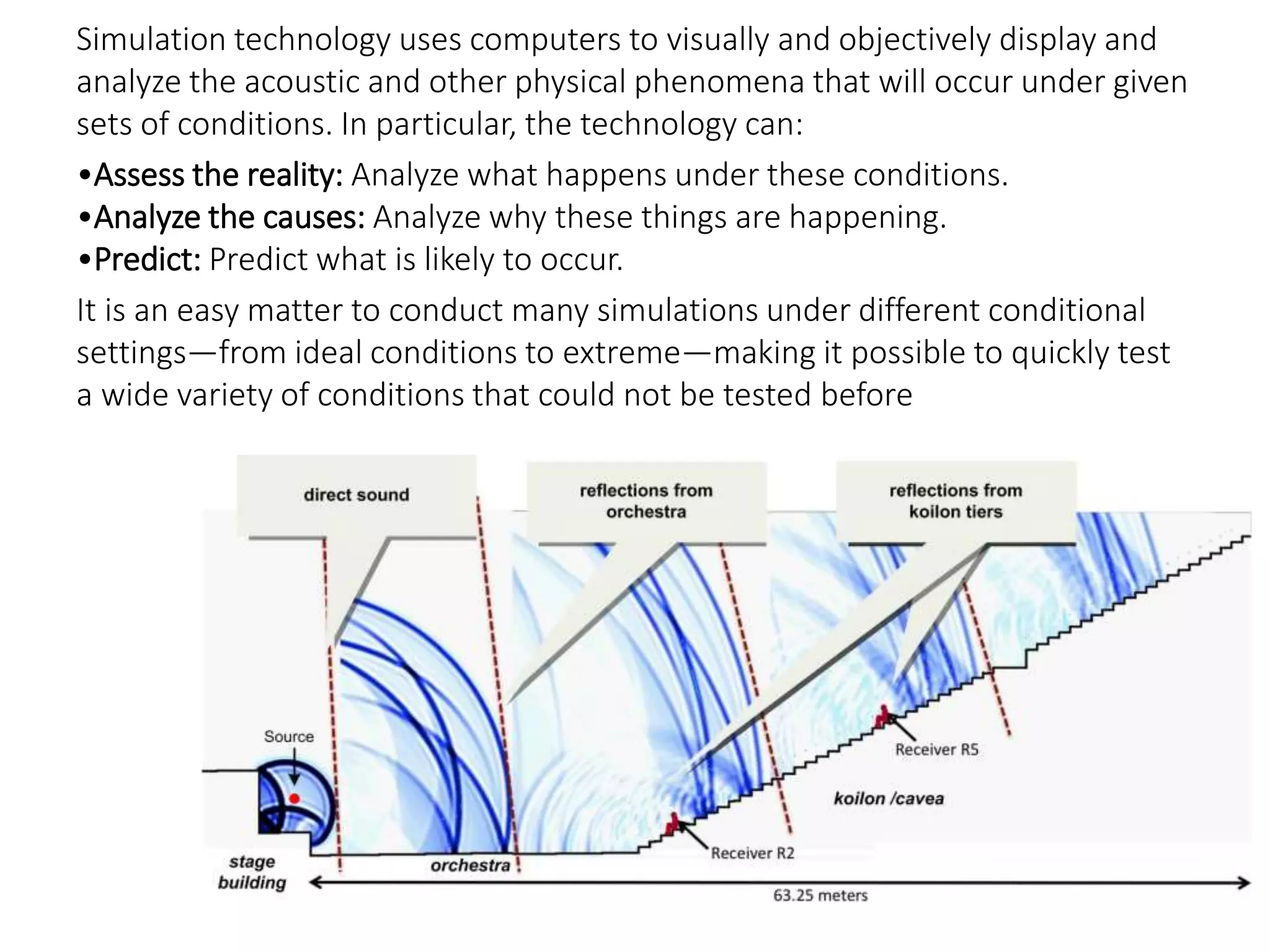 Simulation technology uses computers to visually and objectively display and
analyze the acoustic and other physical phenomena that will occur under given
sets of conditions. In particular, the technology can:
•Assess the reality: Analyze what happens under these conditions.
•Analyze the causes: Analyze why these things are happening.
•Predict: Predict what is likely to occur.
It is an easy matter to conduct many simulations under different conditional
settings—from ideal conditions to extreme—making it possible to quickly test
a wide variety of conditions that could not be tested before
 