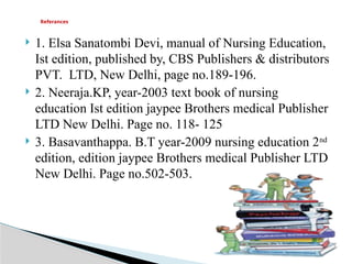  1. Elsa Sanatombi Devi, manual of Nursing Education,
Ist edition, published by, CBS Publishers & distributors
PVT. LTD, New Delhi, page no.189-196.
 2. Neeraja.KP, year-2003 text book of nursing
education Ist edition jaypee Brothers medical Publisher
LTD New Delhi. Page no. 118- 125
 3. Basavanthappa. B.T year-2009 nursing education 2nd
edition, edition jaypee Brothers medical Publisher LTD
New Delhi. Page no.502-503.
Referances
 
